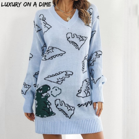 Dinosaur Knit Sweater Dress Round Neck Playful Long Sleeve Oversized Mini Blue - Picture 2 of 8